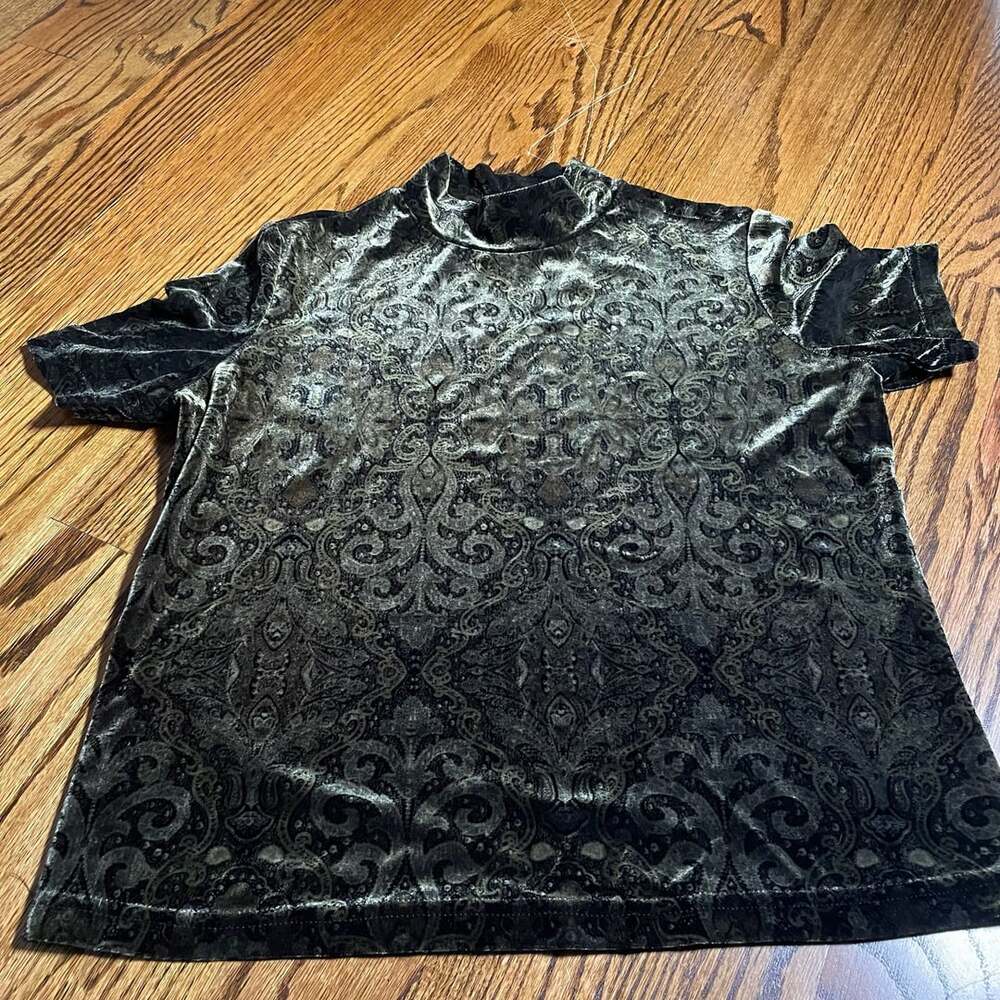 Laura Scott Mock Neck Velvet Top Size M Green Black Paisley